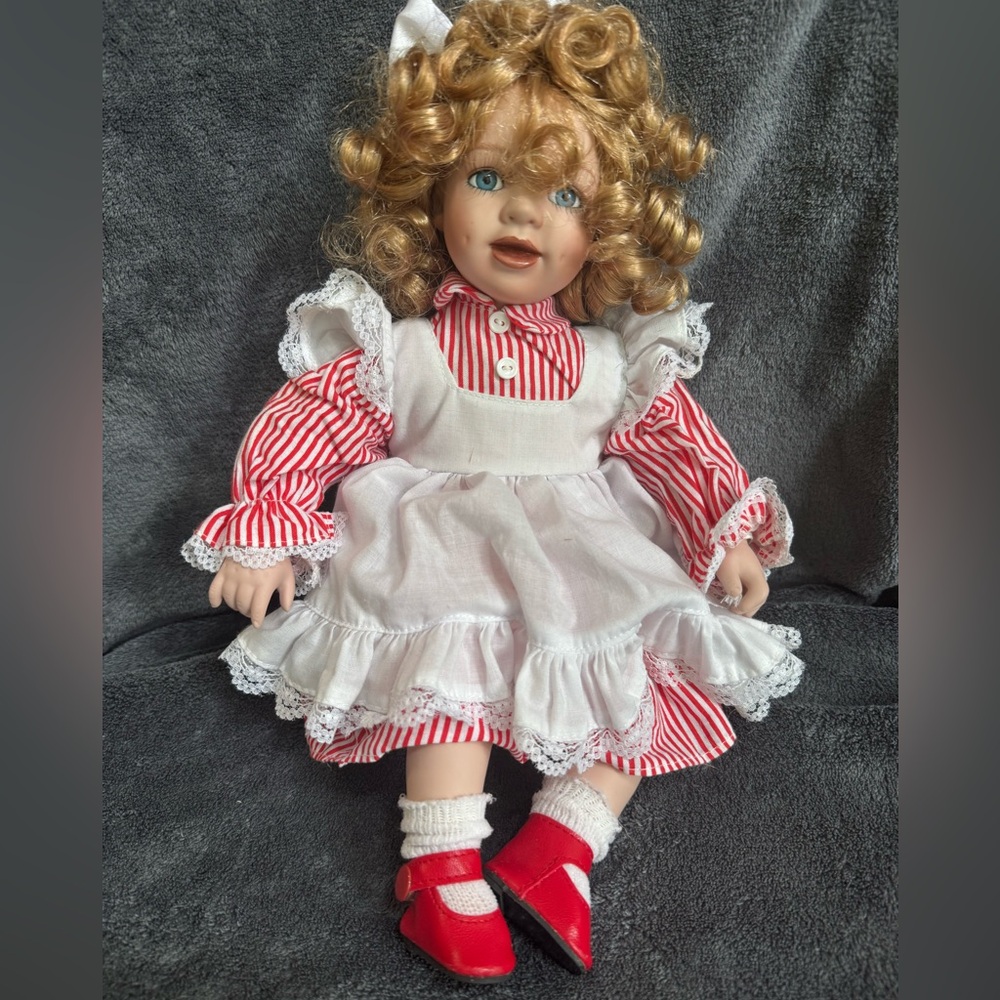 Blonde Hair Blue Eyed Porcelain Doll Classic Red and White Striped Dress
